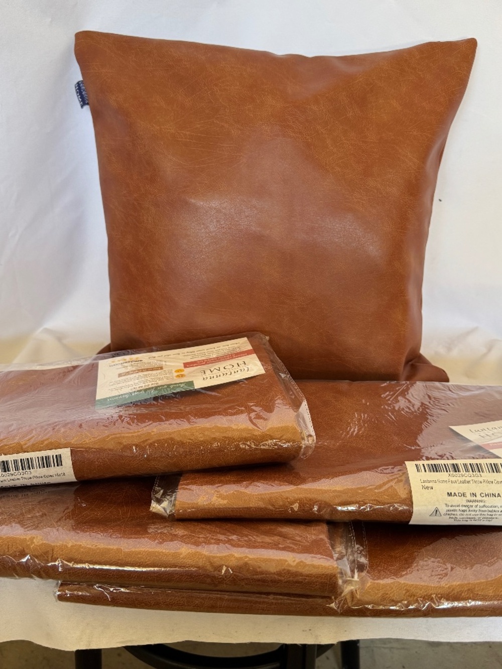 NEW Faux Leather Throw Pillow Covers 18" x 18" Cognac Brown Set of 6